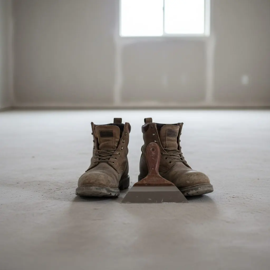 A pair of worn work boots and a taping knife set down on a swept basement floor at the end of a day, close in so the boots and the knife fill the square