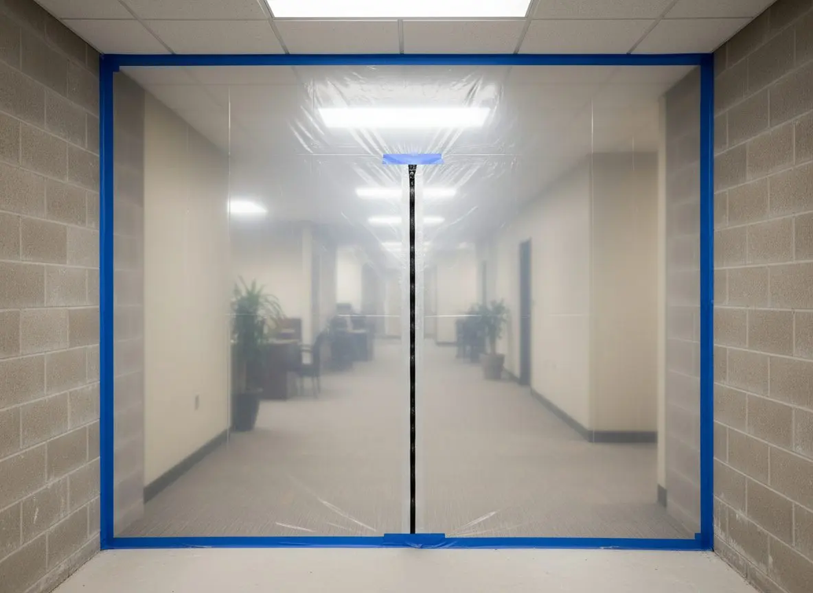 A dust wall of poly with a taped zip door across a corridor in an occupied building, signage on it, with the finished side of the corridor lit and in use