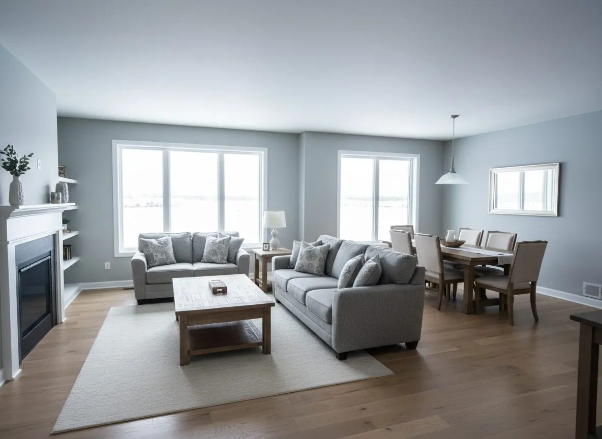 A finished, furnished open living and dining room in a new house, walls and ceiling painted and flat in low winter light.