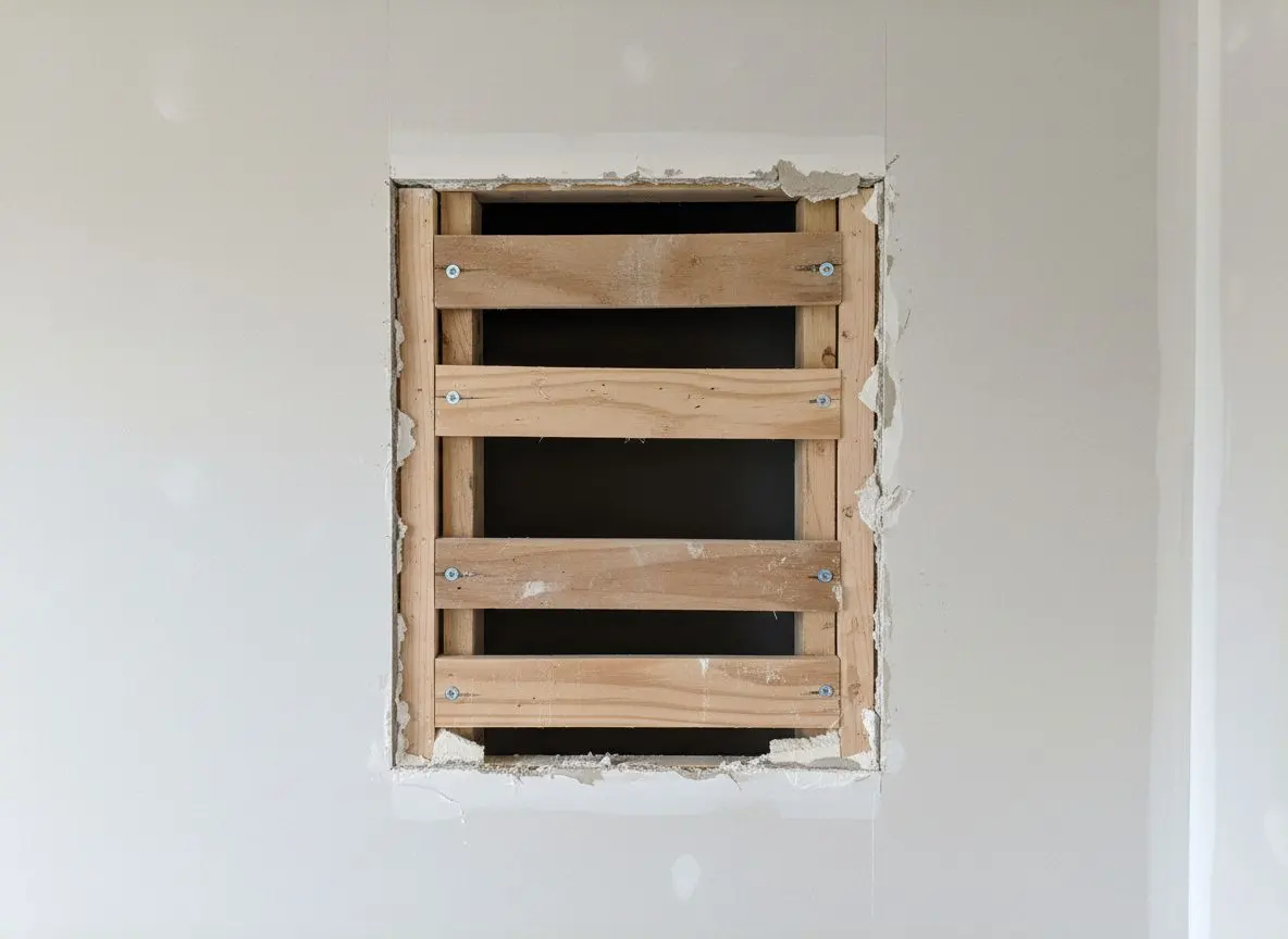 A cut-out square in a wall with plywood backing strips already screwed in behind the opening
