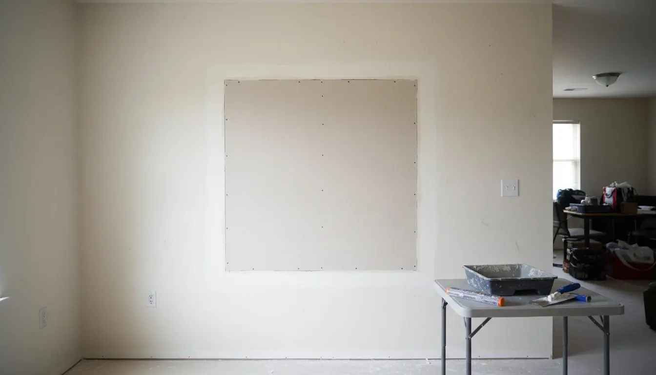 A wall in a lived-in room with a neat square patch cut into it and a new piece of board already screwed into place