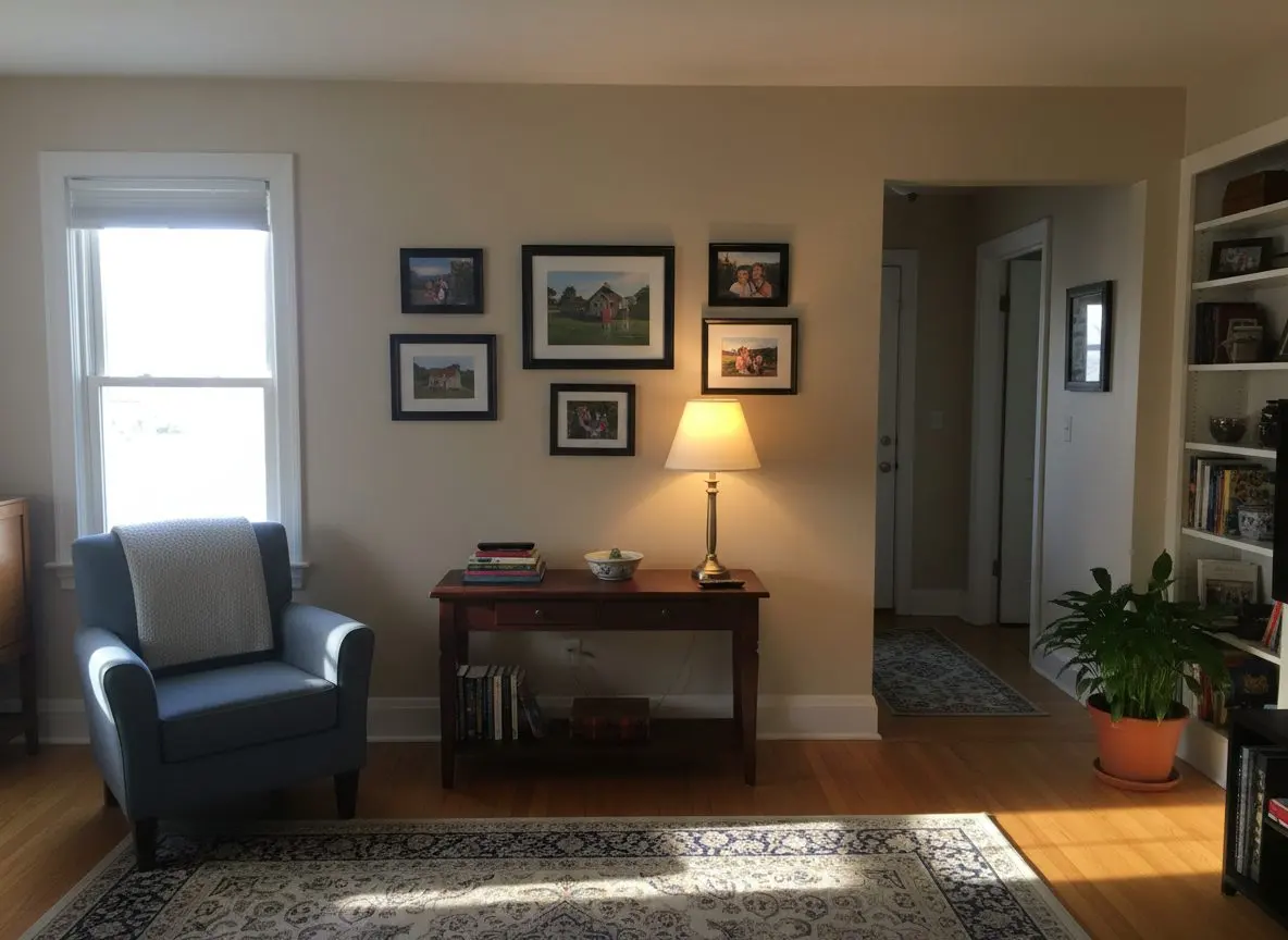 A furnished hallway or living room in a lived-in house, painted and finished, with no sign of where any repair was
