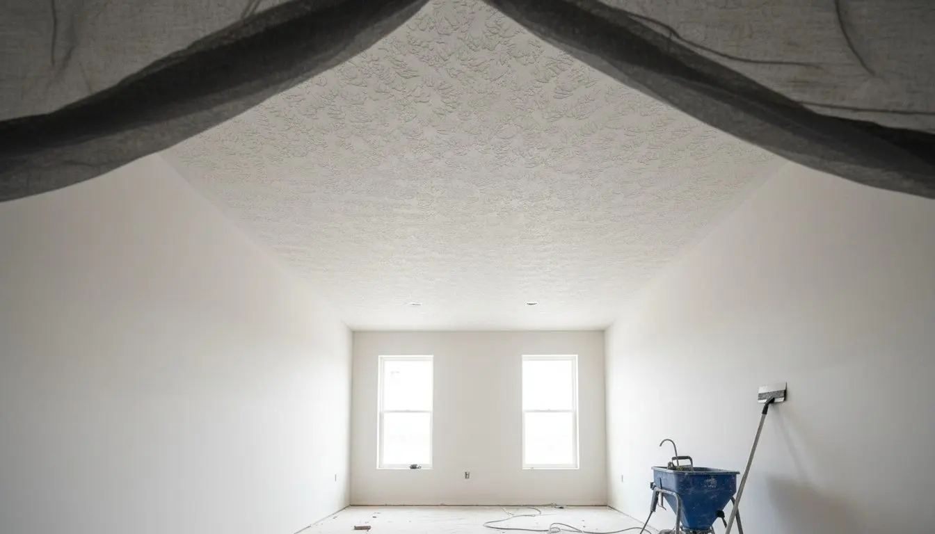 A bright room with a freshly sprayed knockdown ceiling and one wall already knifed flat