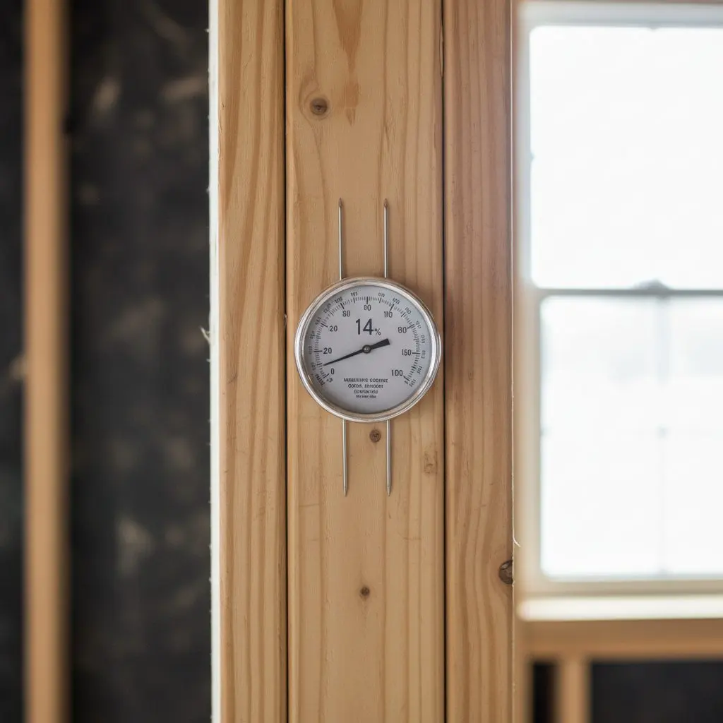 A pin moisture meter pressed into the face of a stud inside an opened wall cavity, close enough that the meter