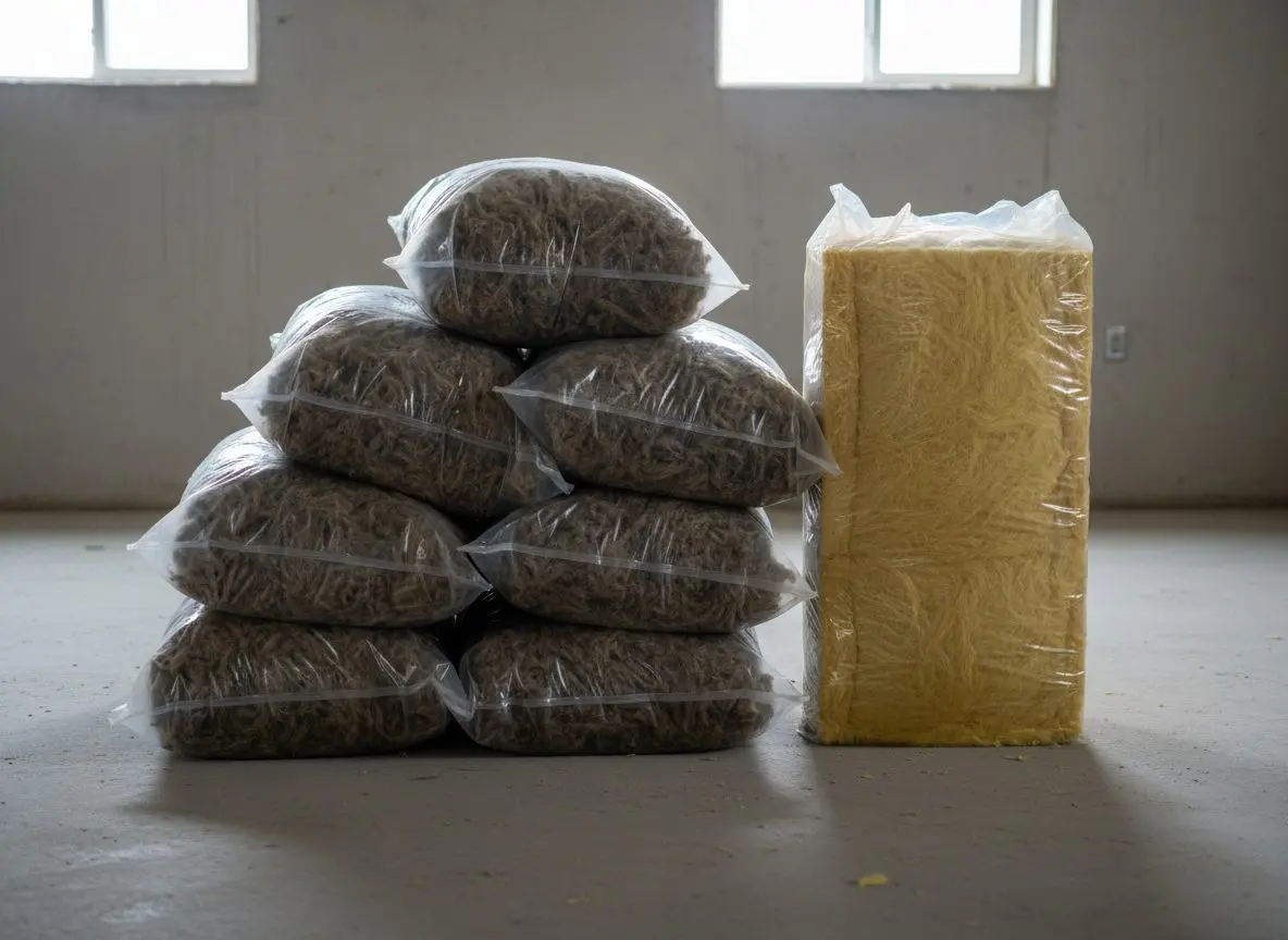 A stack of bagged wet insulation on a basement slab beside a roll of new batts still wrapped