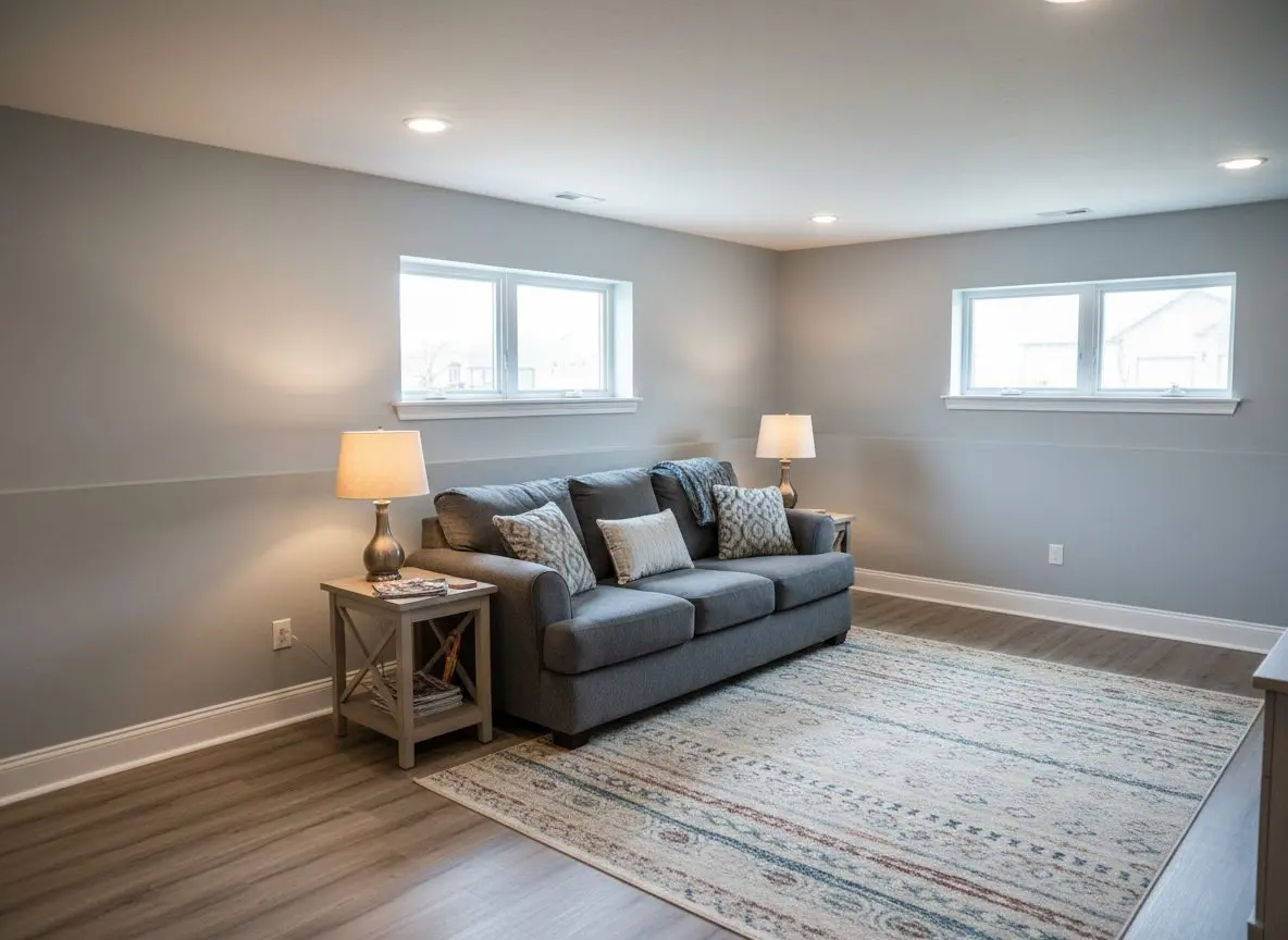 A finished basement family room back in use, furnished with a sofa, a rug and lamps lit, the walls painted and the baseboard back on with no line anywhere