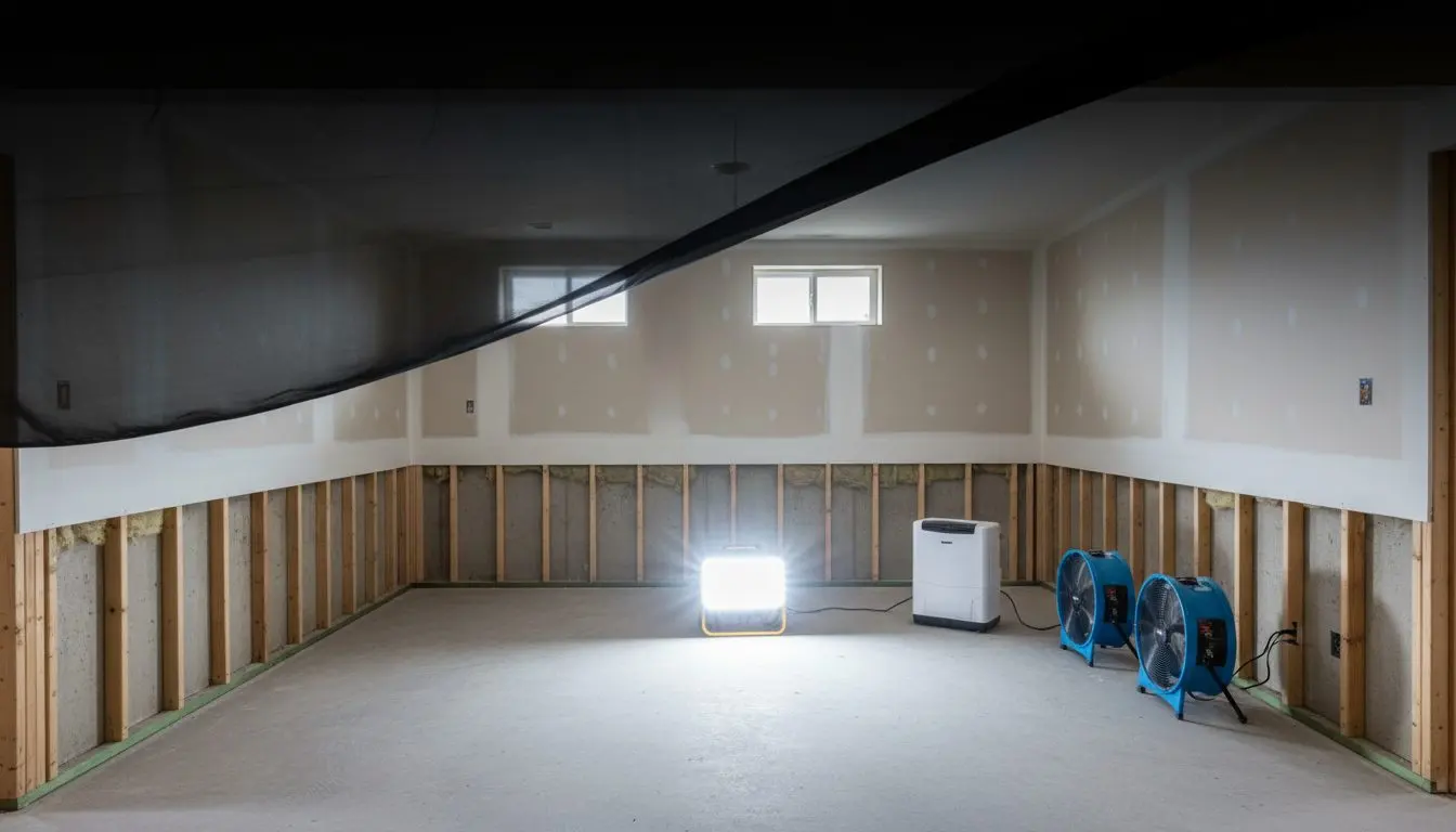 A basement room with the lower two feet of board already cut off in a straight line around the perimeter, the framing behind it open and clean